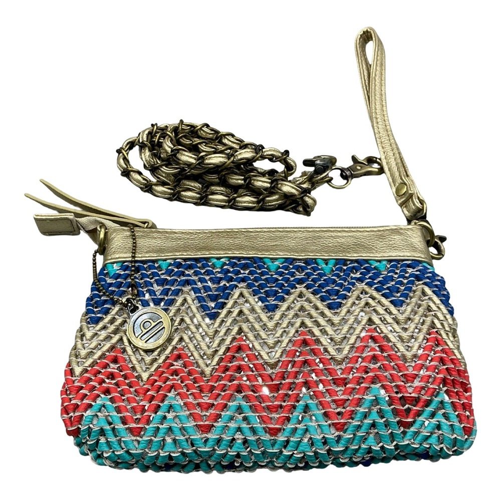 Big Buddha Woven Chevron Wristlet Crossbody Bag Gold Multi Zig Zag Small Bag - Picture 5 of 7